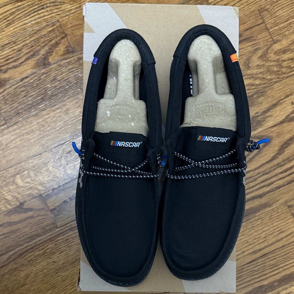 NASCAR Hey Dude Black Loafers with Blue and Yellow Accents - Picture 2 of 7